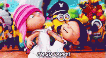 a cartoon character says i 'm so happy while holding another doll