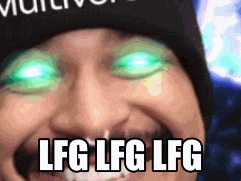 a close up of a person 's face with glowing eyes and the words lfg lfg lfg