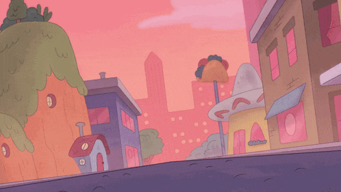 a cartoon drawing of a city with buildings and a taco