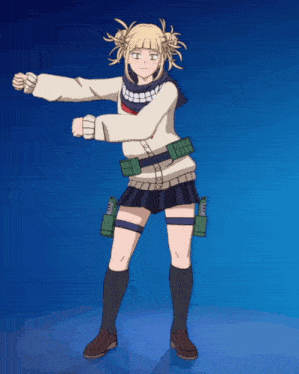toga from my hero academia is dancing in front of a blue backdrop