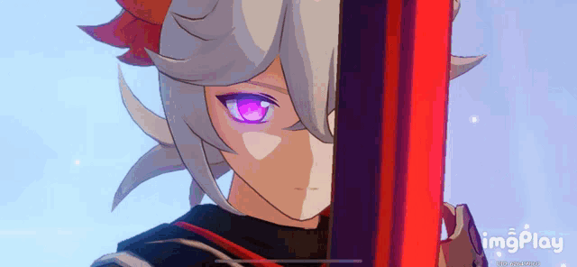 a cartoon character with purple eyes is holding a red sword