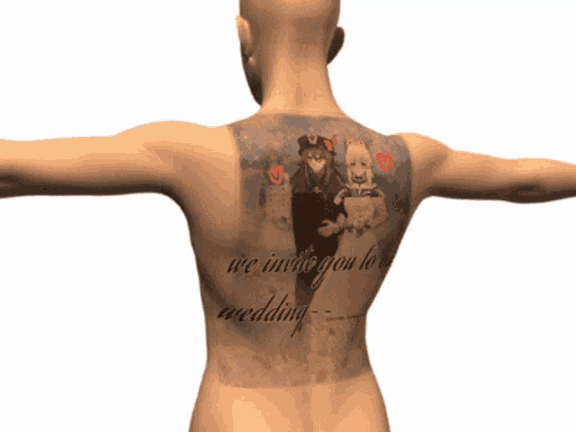 a tattoo on a man 's back that says we invite you to our wedding