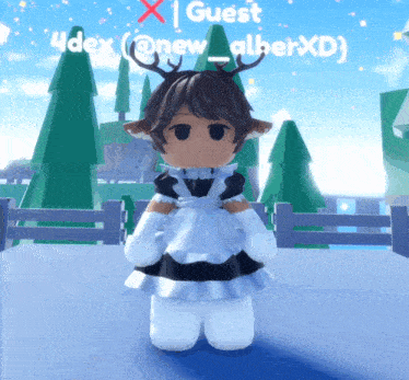 a girl in a maid outfit is standing in front of a fence and trees
