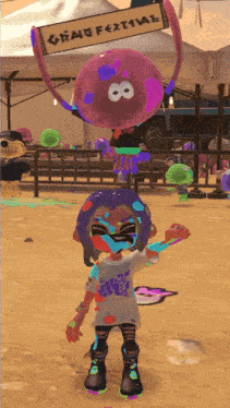 a video game character is standing in front of a sign that reads grand festival