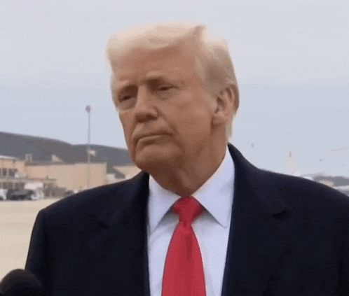 donald trump is wearing a suit and red tie while talking into a microphone .