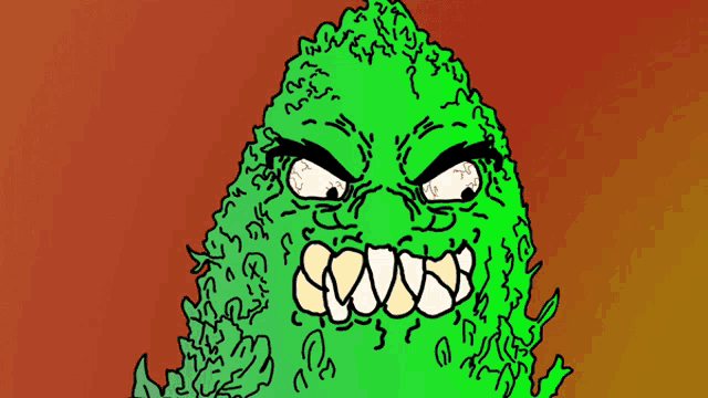 a drawing of a green monster with sharp teeth