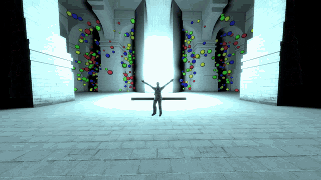a computer generated image of a man standing in front of a wall with balloons on it