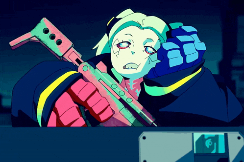 a cartoon of a woman holding a gun with a skull on the bottom right