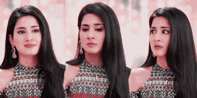 three images of a woman with long black hair