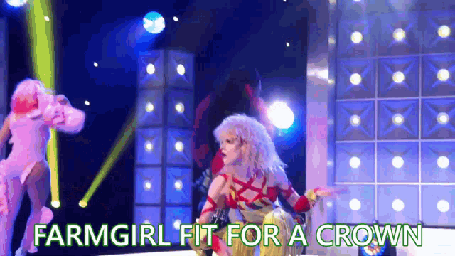 a woman on a stage with the words " farmgirl fit for a crown " on the bottom
