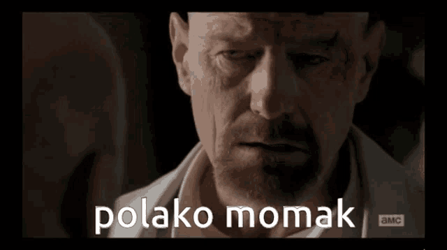 a close up of a man 's face with the words polako momak below him