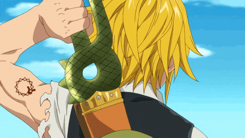 a man with a tattoo on his arm is holding a green sword