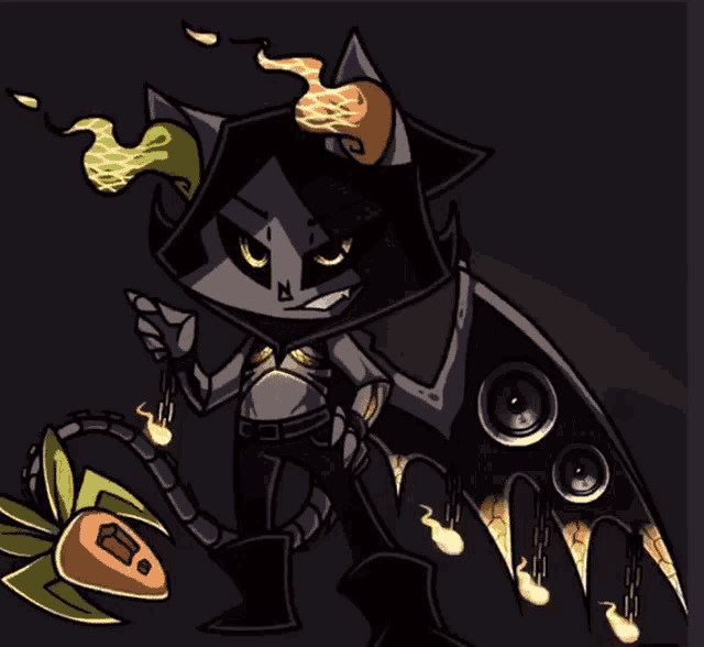 a cartoon drawing of a cat with horns holding a plant