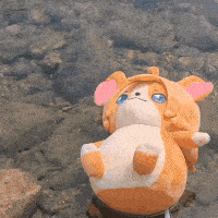 a stuffed animal wearing a hamster costume is sitting on a rock in the water .