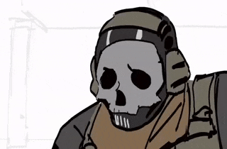 a cartoon drawing of a soldier with a skull on his head .