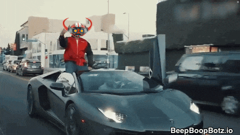 a man in a red jacket is driving a black lamborghini with the word beep boopbotz.io on the bottom