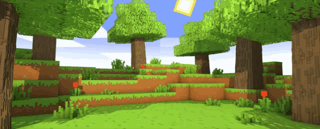 a minecraft scene with trees and grass and a sun shining through the trees