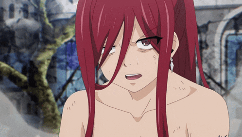 a naked anime girl with red hair is making a face