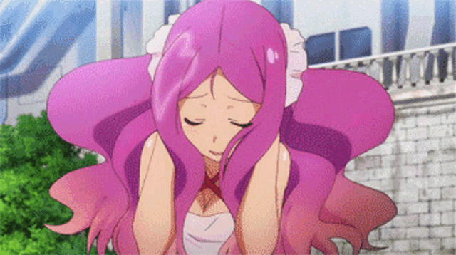 a cartoon girl with pink hair is covering her ears with her hands