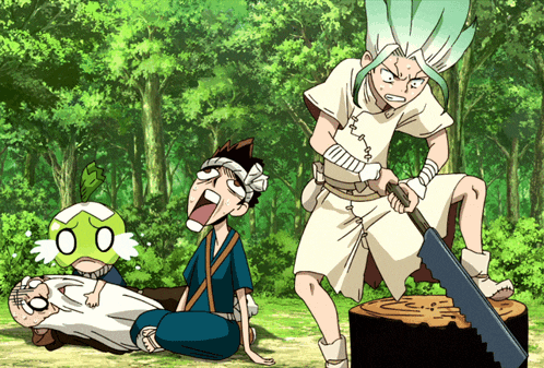 a cartoon of a man cutting a tree stump with a large saw