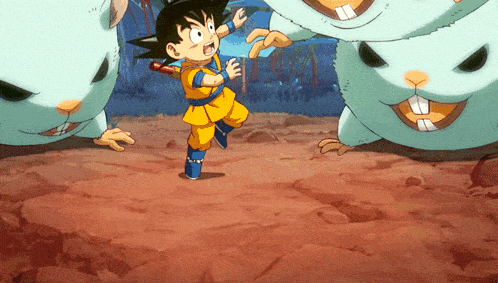 a cartoon character named goku is running away from a group of mice