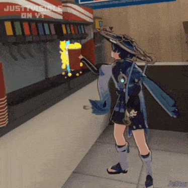 a cartoon character is standing in front of a soda machine and the words just visible on vt are above him
