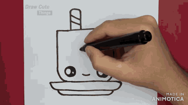 a person is drawing a cup of coffee with the words draw cute things behind them