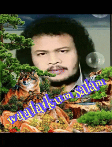 a picture of a man surrounded by trees and animals with the words waalaikum salam on the bottom