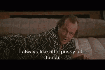 a man in a robe is laying on a bed and saying `` i always like little pussy after lunch '' .