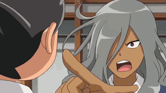 a cartoon character with long gray hair is pointing at another person