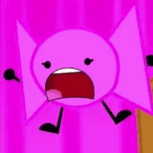 a pink cartoon character with a big smile on its face is standing next to a brown box .