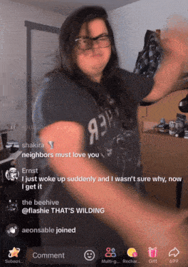 a woman wearing glasses and a black shirt that says ' aeonsable joined ' on it