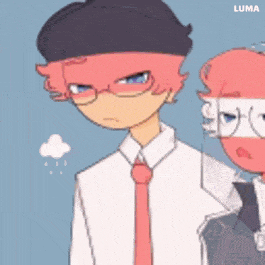 a couple of anime characters standing next to each other . one of the characters is wearing glasses and a tie .