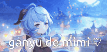 a picture of a girl with blue hair and the words ganyu de mimi on the bottom