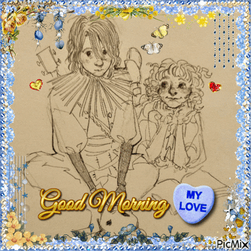 a drawing of a man and a woman with a heart that says " my love "