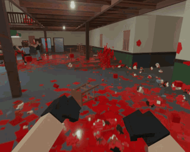 a person is playing a video game in a pool hall with pool tables covered in blood