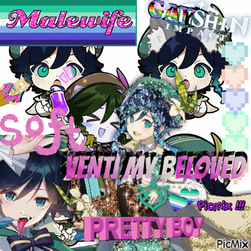 a collage of anime characters with the words " soft venti my beloved pretty boy " at the top