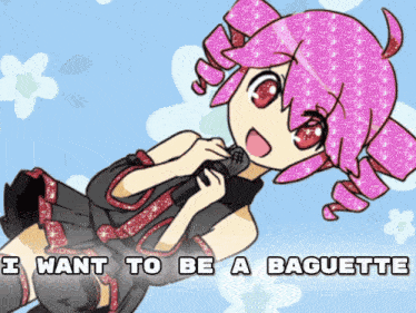 a girl with pink hair is singing into a microphone with the words " i want to be a baguette " above her