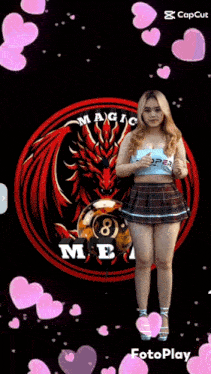 a girl in a short skirt stands in front of a logo for magic 8 mb