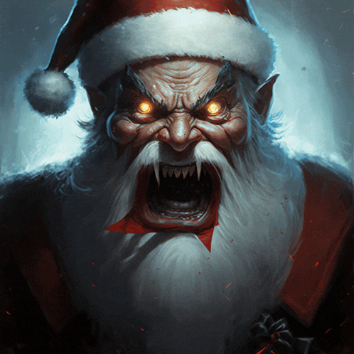 a painting of a very angry santa claus with red eyes