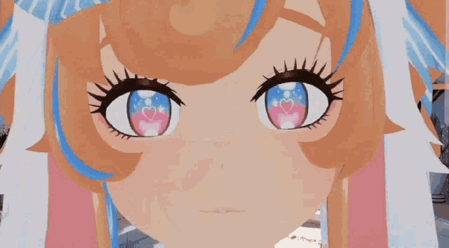 a close up of a anime girl 's eyes with a heart in them