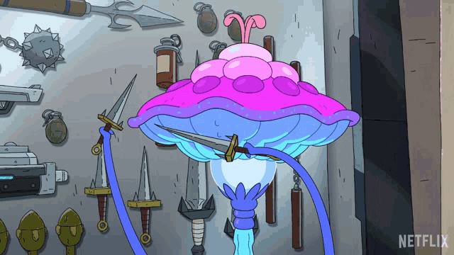 a cartoon of a mushroom holding a sword with netflix written on the bottom right