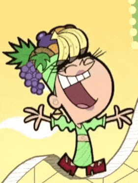 a cartoon of a girl with fruit on her head