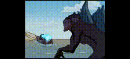 a cartoon of a monster standing on top of a body of water next to a body of water .