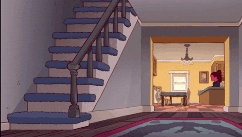 a cartoon of a house with stairs and a doorway