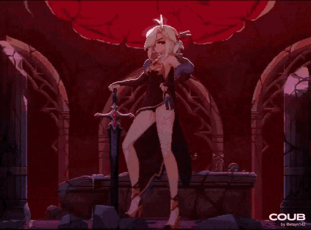 a pixel art of a girl holding a sword with coub written on the bottom left