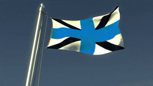a flag with a blue cross on it is flying in the wind
