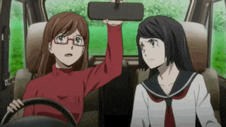 two anime girls are sitting in the back seat of a car .