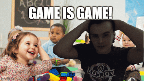 a group of children are playing with toys and the words game is game are displayed