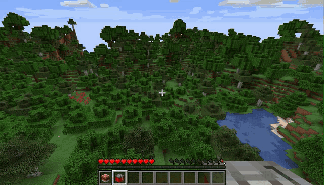 a screenshot of a minecraft game shows a lush green forest and a river